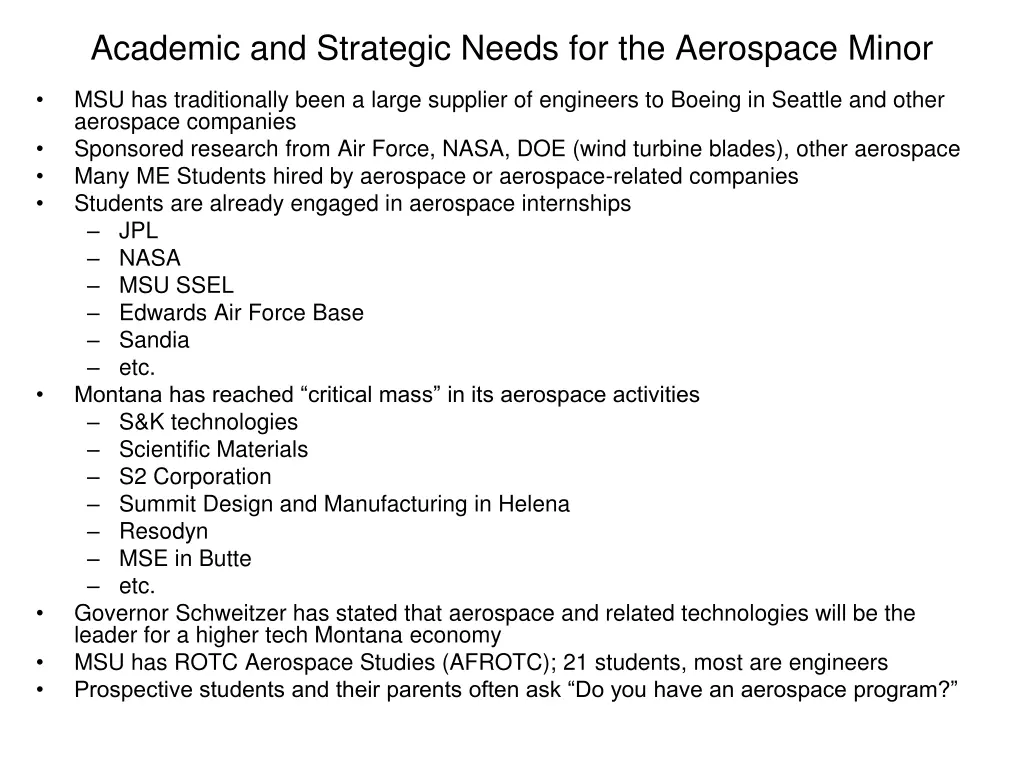academic and strategic needs for the aerospace