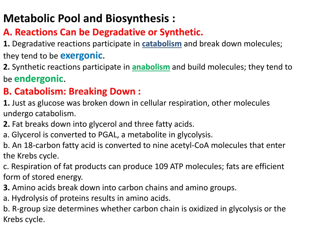 metabolic pool and biosynthesis a reactions