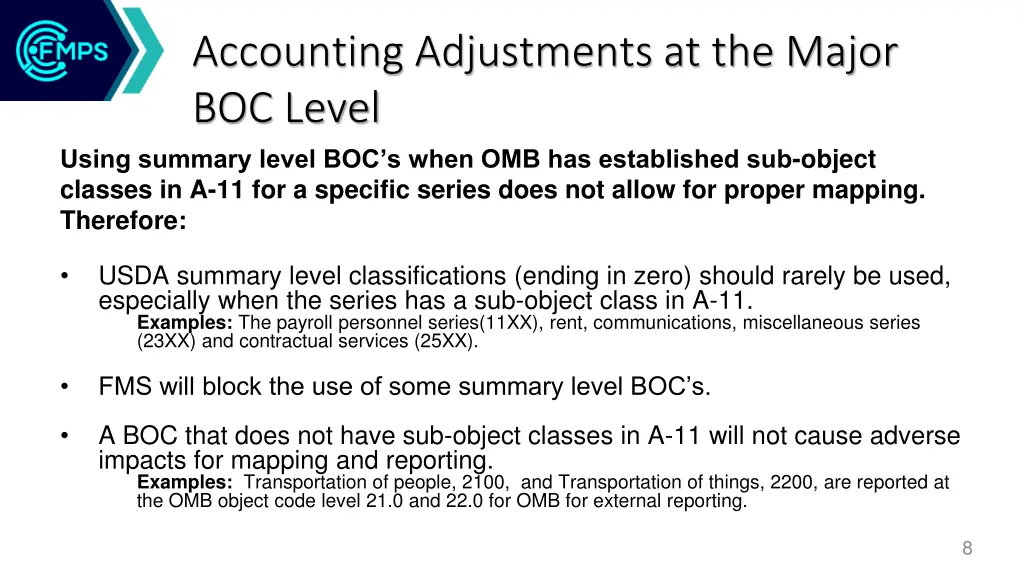 accounting adjustments at the major boc level