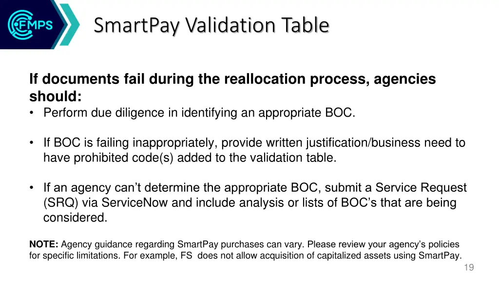 smartpay validation table