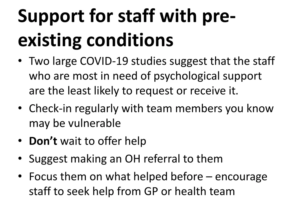support for staff with pre existing conditions