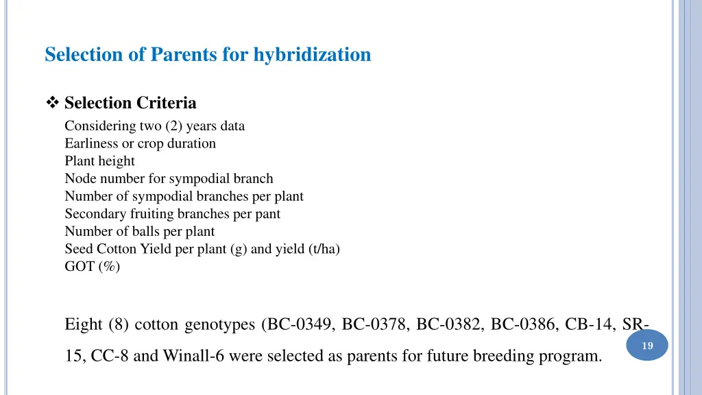 selection of parents for hybridization
