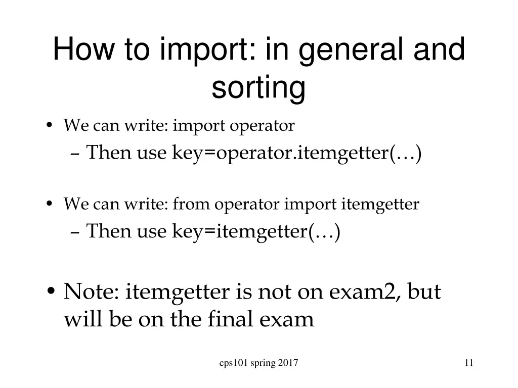 how to import in general and sorting