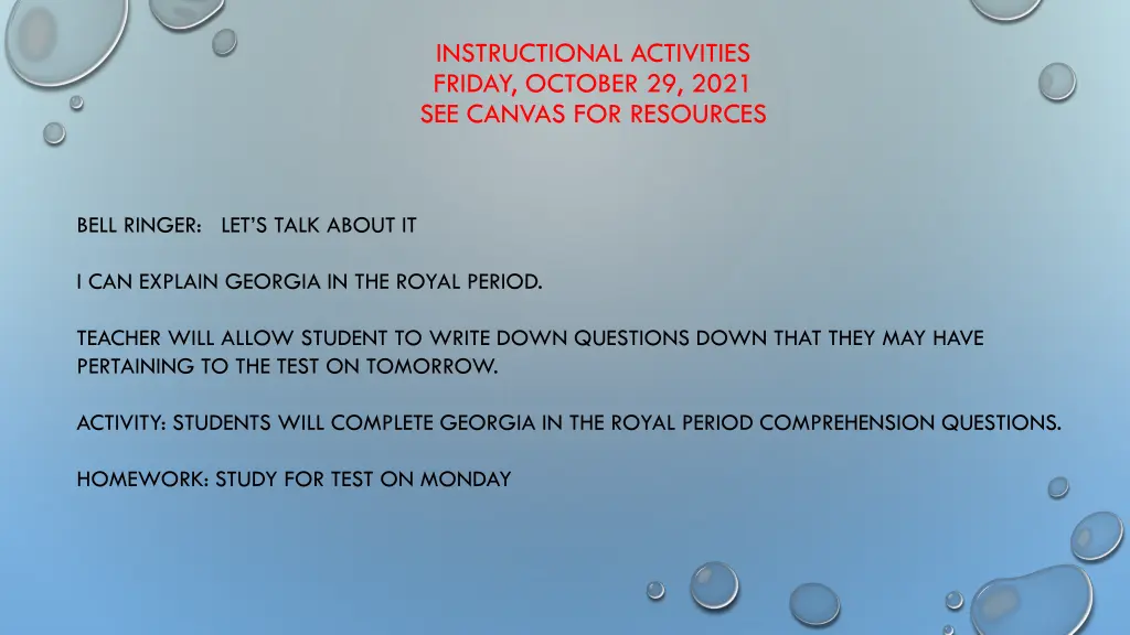instructional activities friday october 29 2021