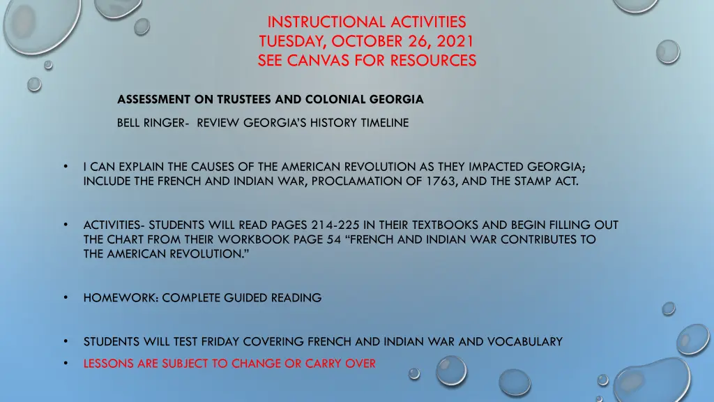 instructional activities tuesday october 26 2021