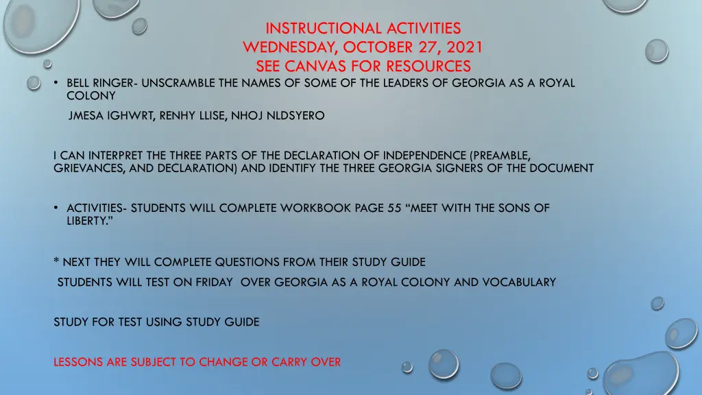 instructional activities wednesday october