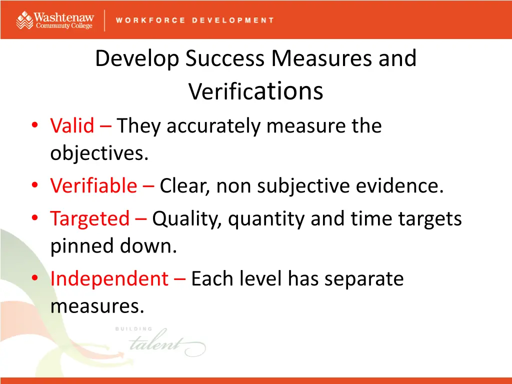 develop success measures and verific ations valid