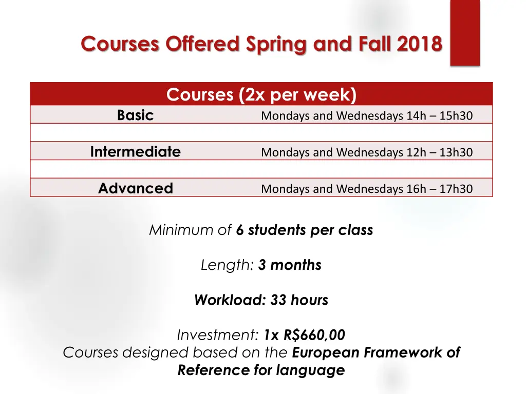 courses offered spring and fall 2018