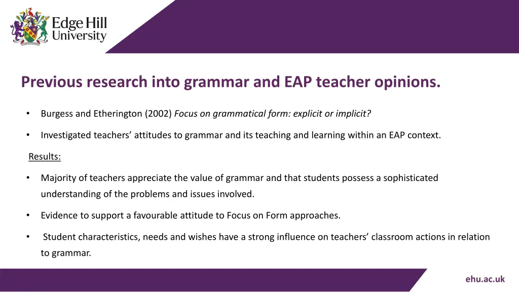 previous research into grammar and eap teacher