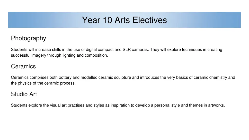 year 10 arts electives