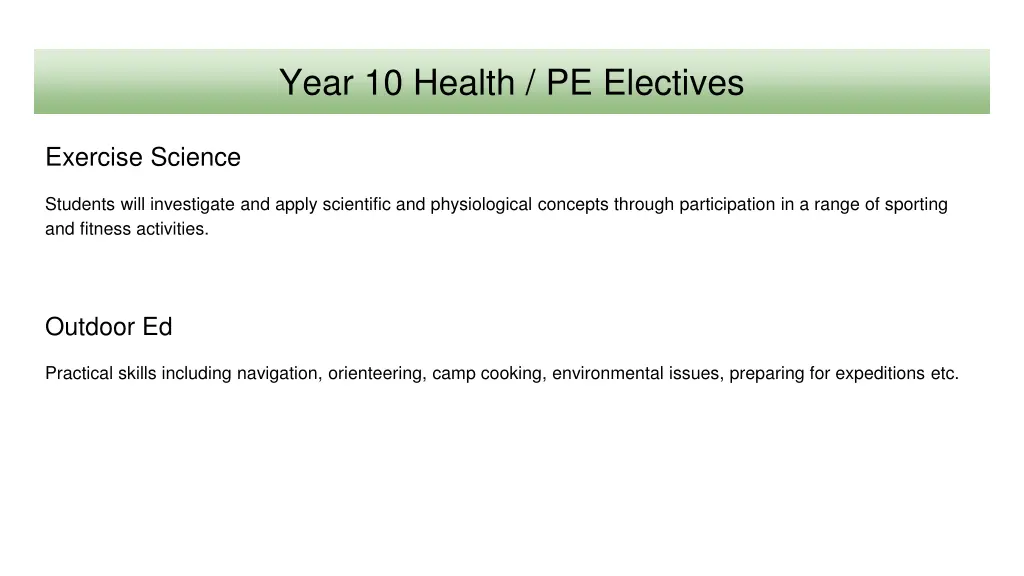 year 10 health pe electives
