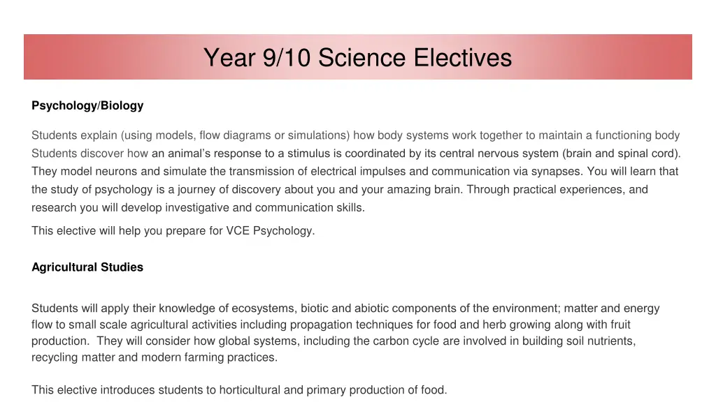 year 9 10 science electives