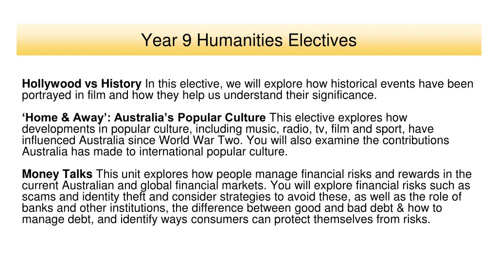 year 9 humanities electives