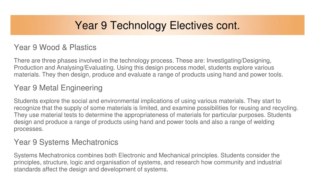 year 9 technology electives cont 2
