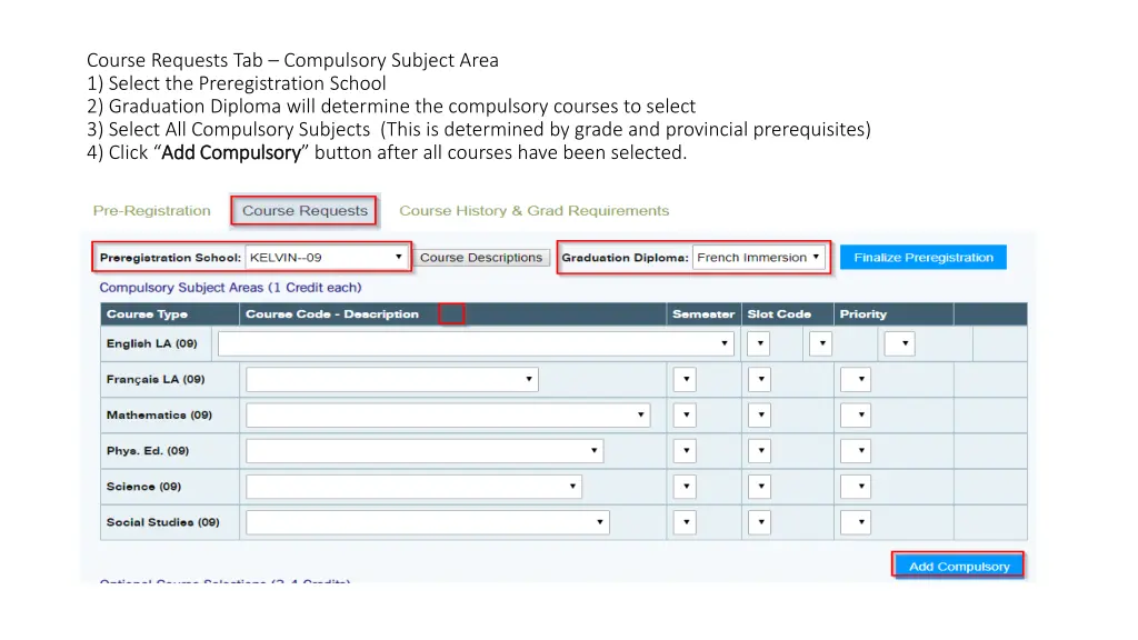 course requests tab compulsory subject area
