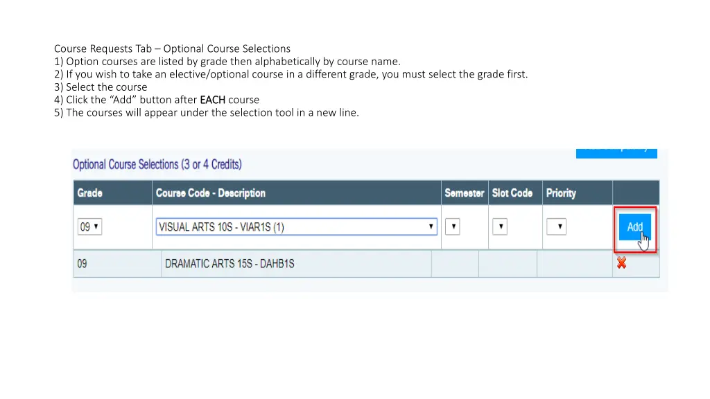 course requests tab optional course selections