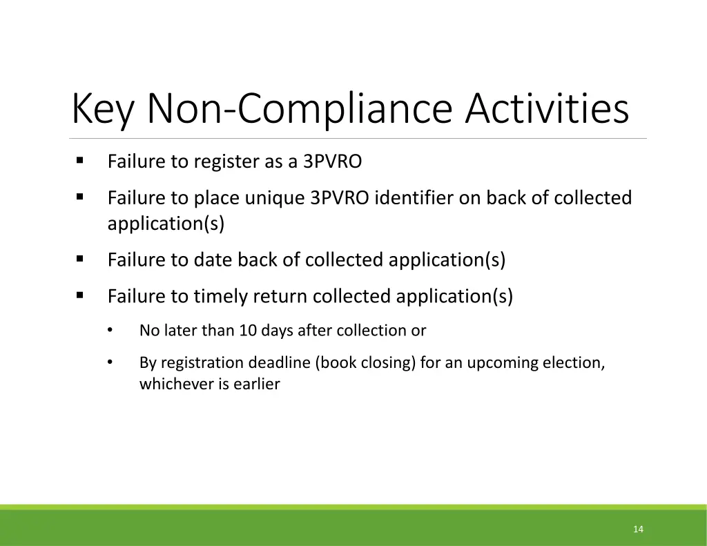 key non compliance activities