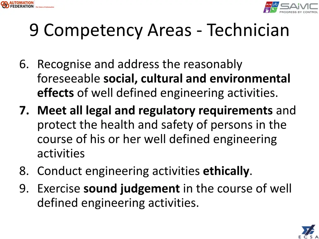 9 competency areas technician 1