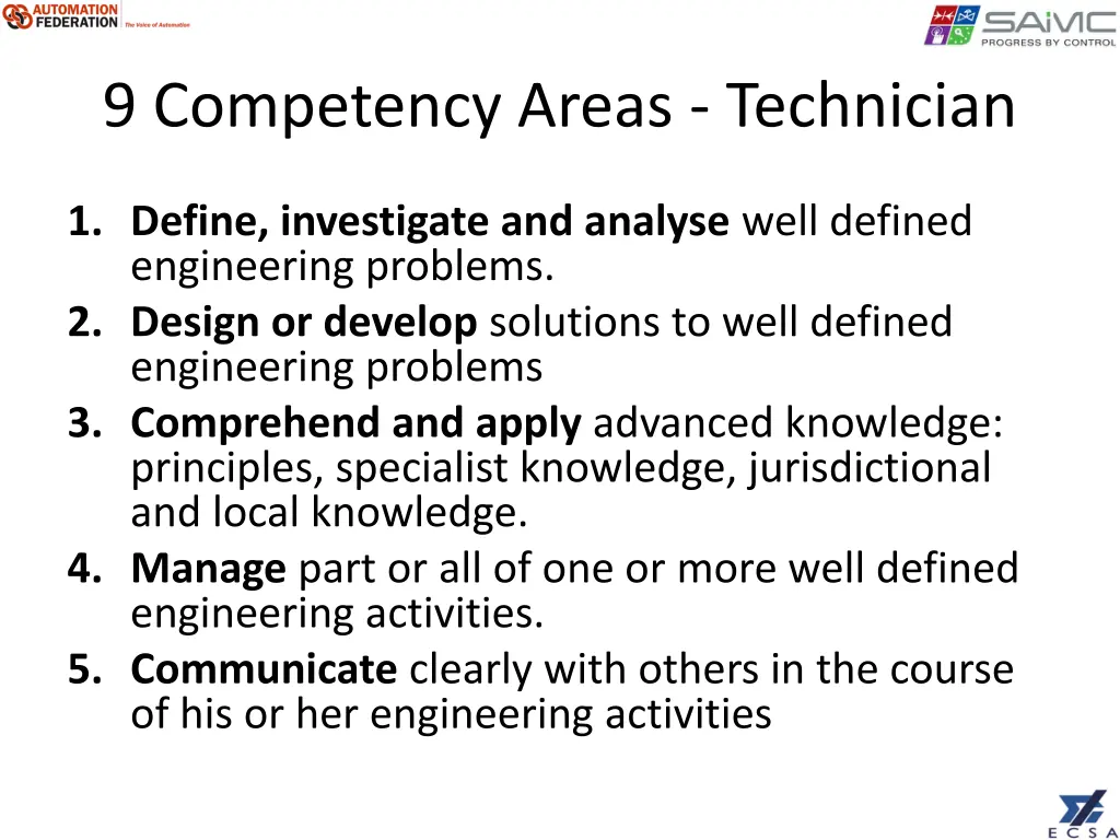 9 competency areas technician