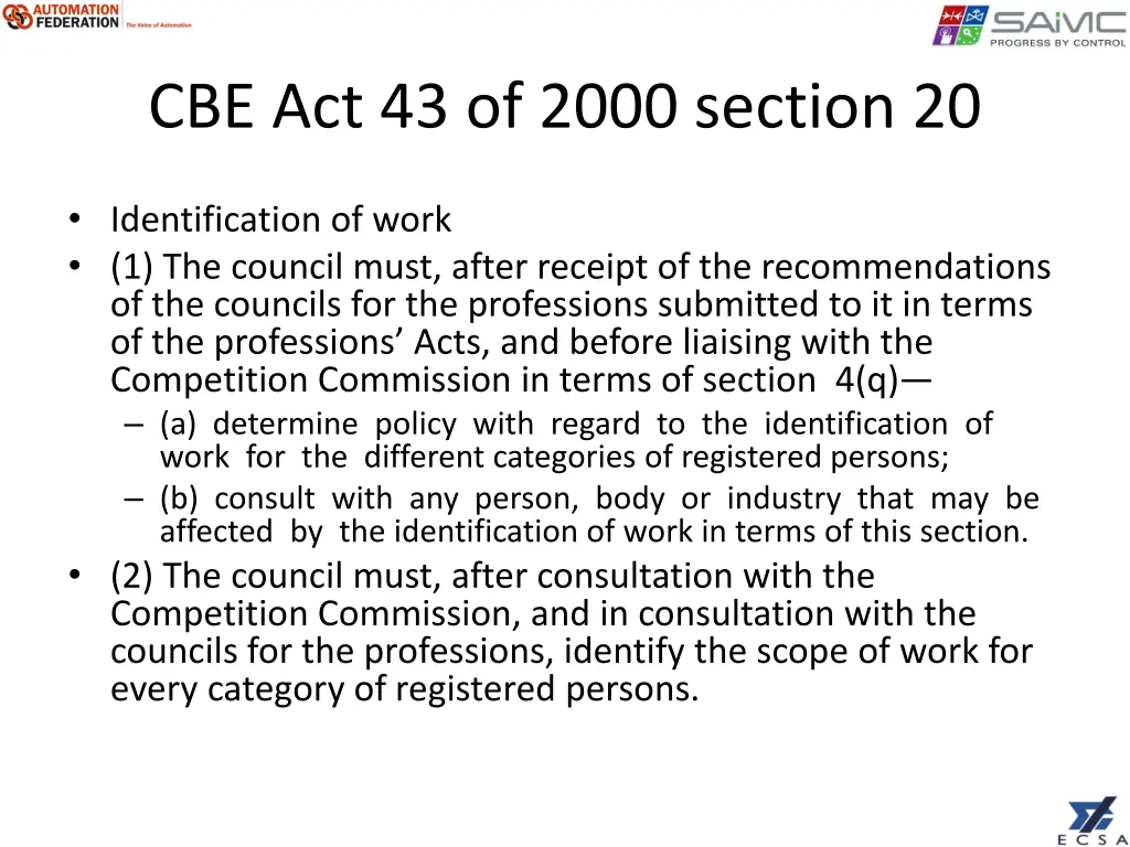 cbe act 43 of 2000 section 20