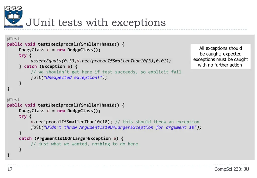 junit tests with exceptions