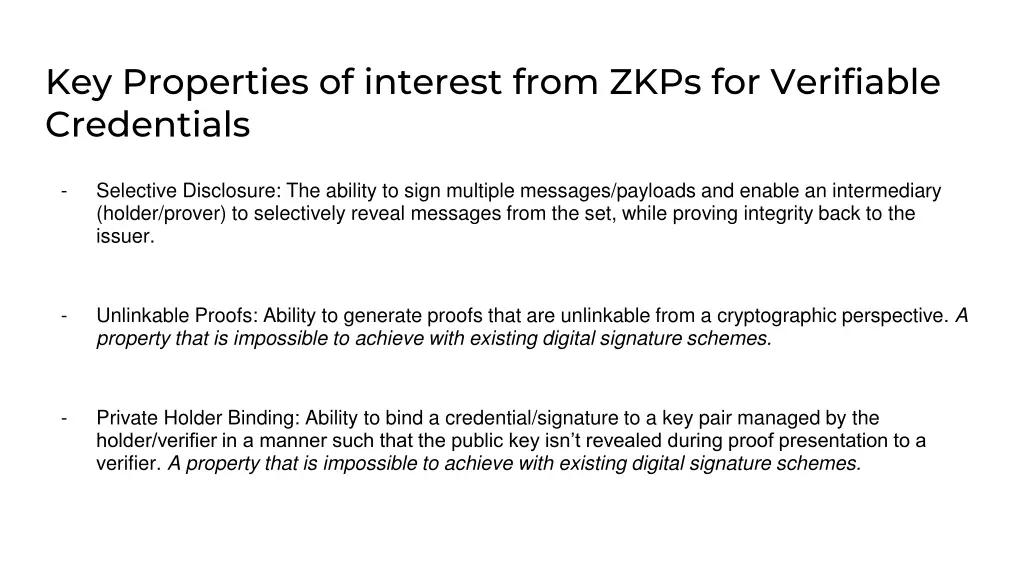 key properties of interest from zkps