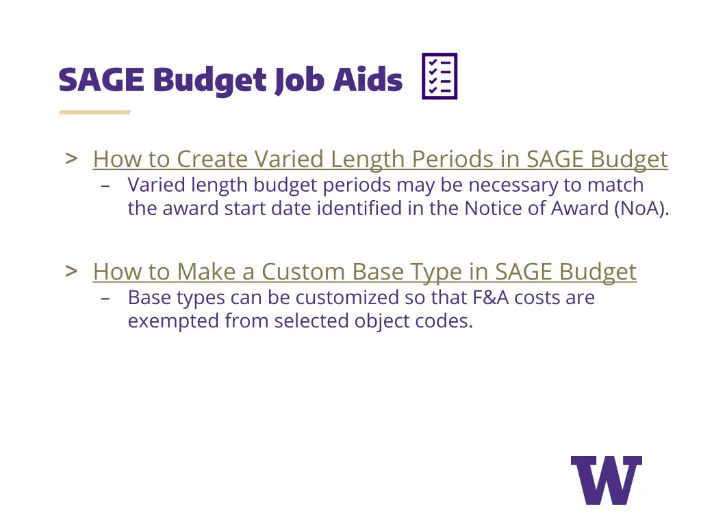 sage budget job aids