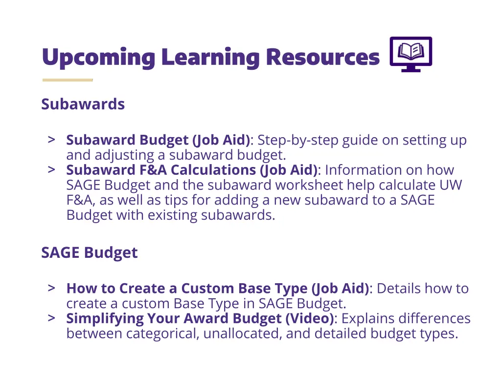 upcoming learning resources