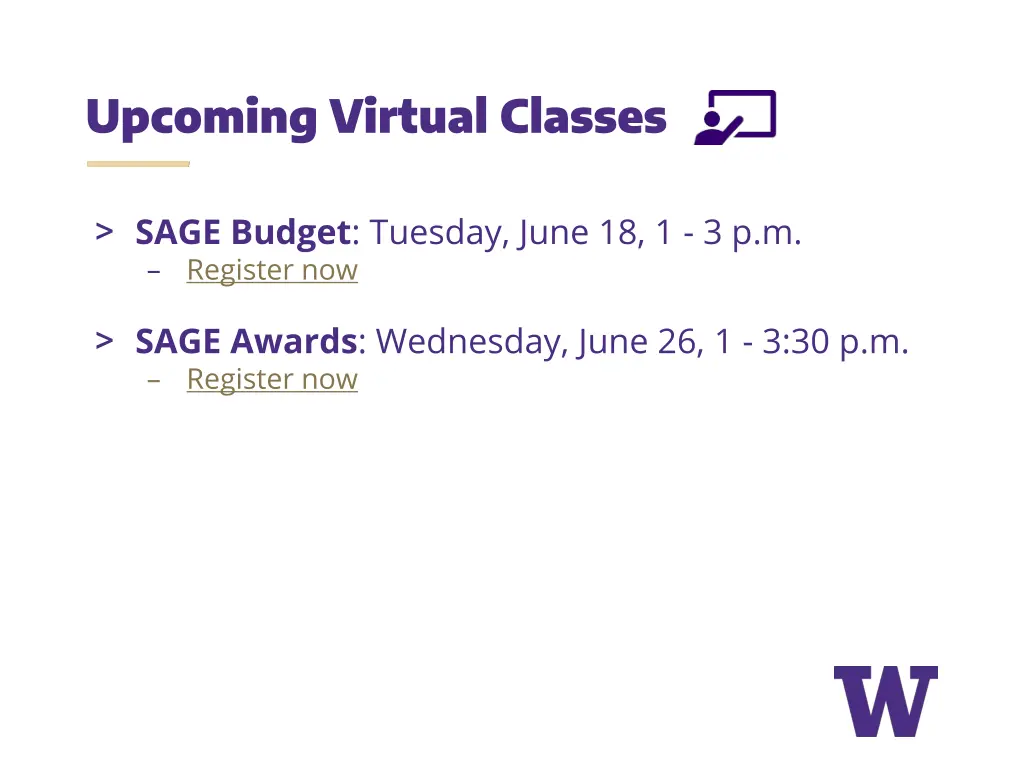upcoming virtual classes