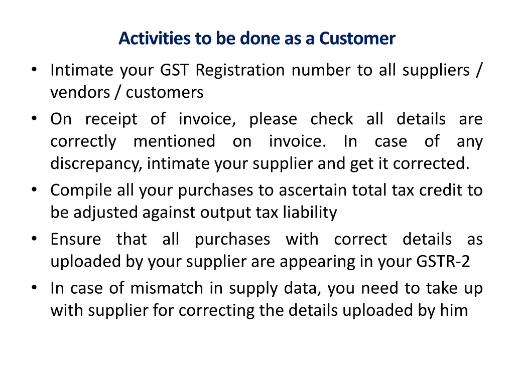 activities to be done as a customer