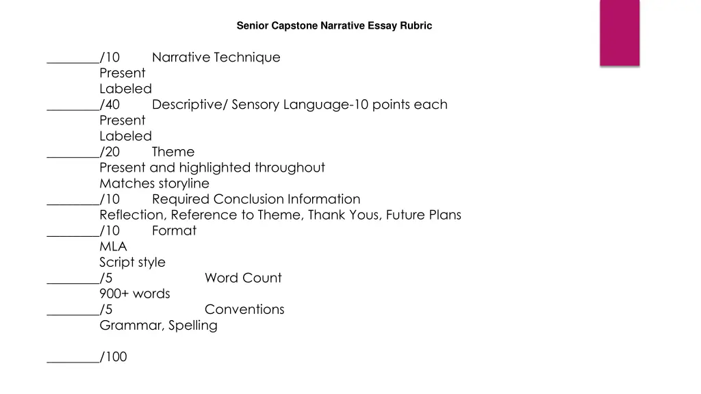 senior capstone narrative essay rubric