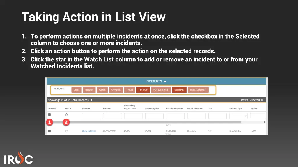 taking action in list view