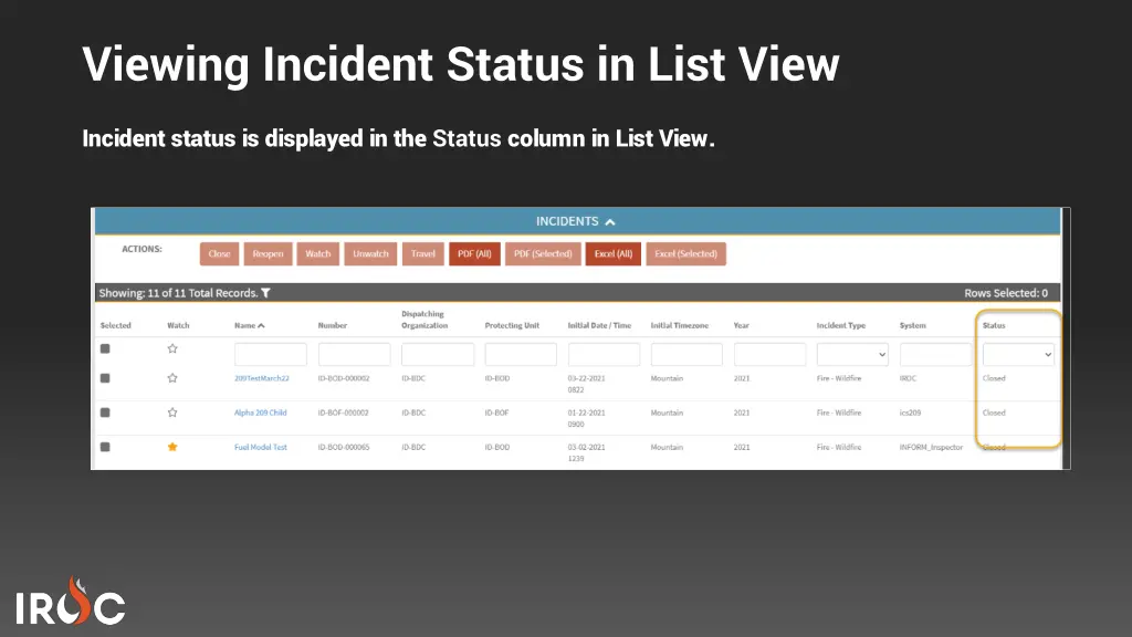 viewing incident status in list view