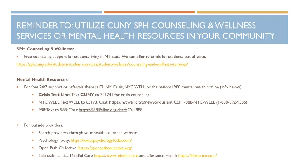 reminder to utilize cuny sph counseling wellness