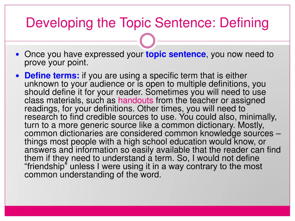 developing the topic sentence defining