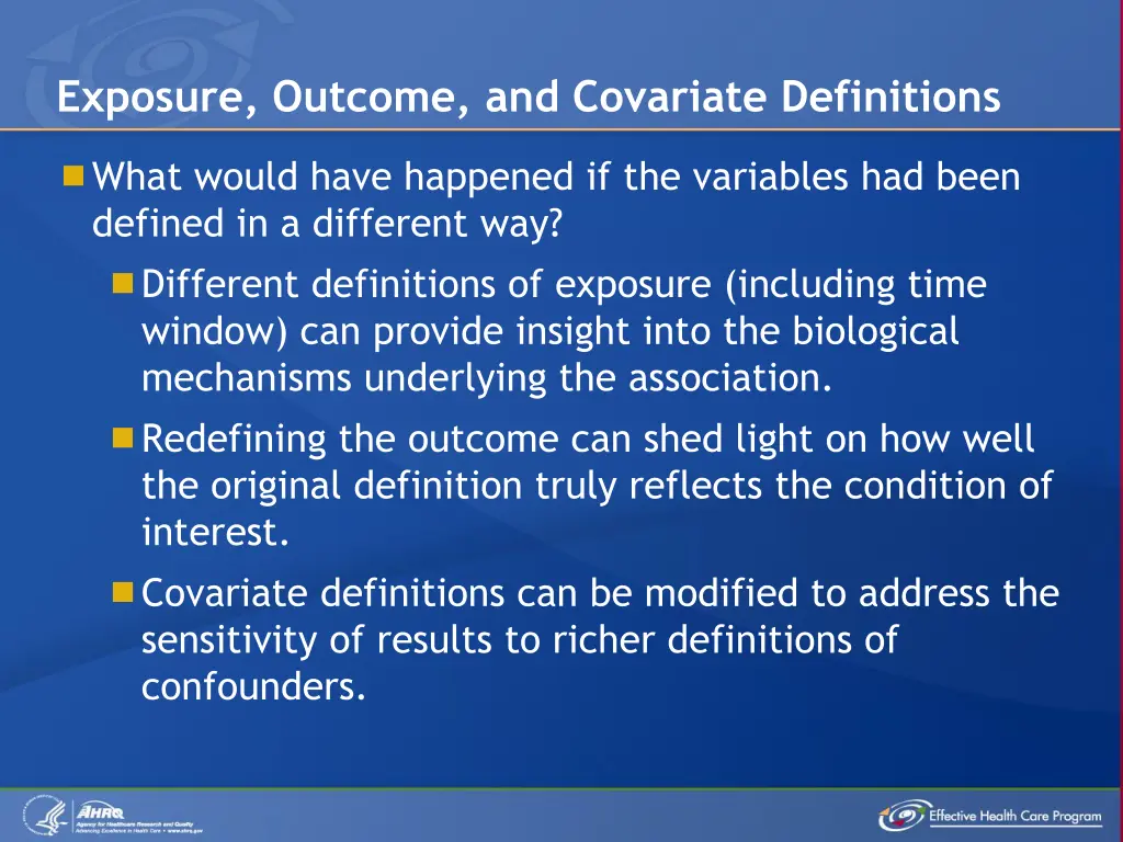 exposure outcome and covariate definitions