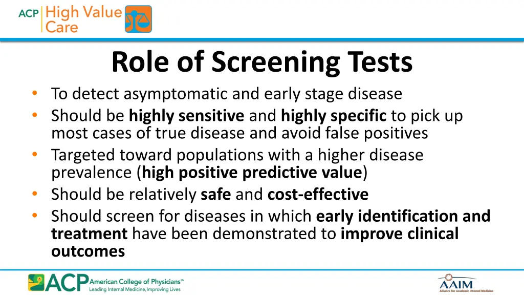 role of screening tests to detect asymptomatic
