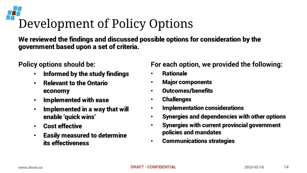 development of policy options