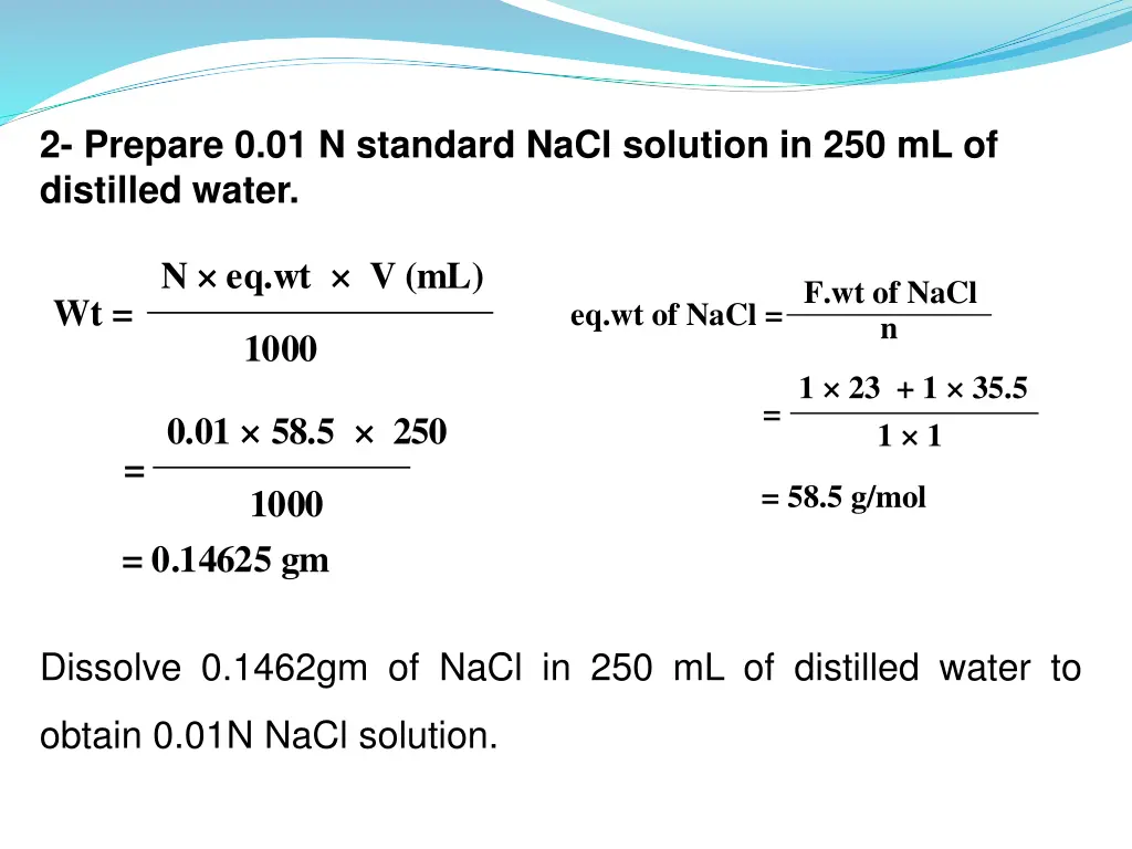 2 prepare 0 01 n standard nacl solution