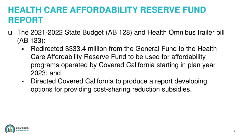 health care affordability reserve fund report