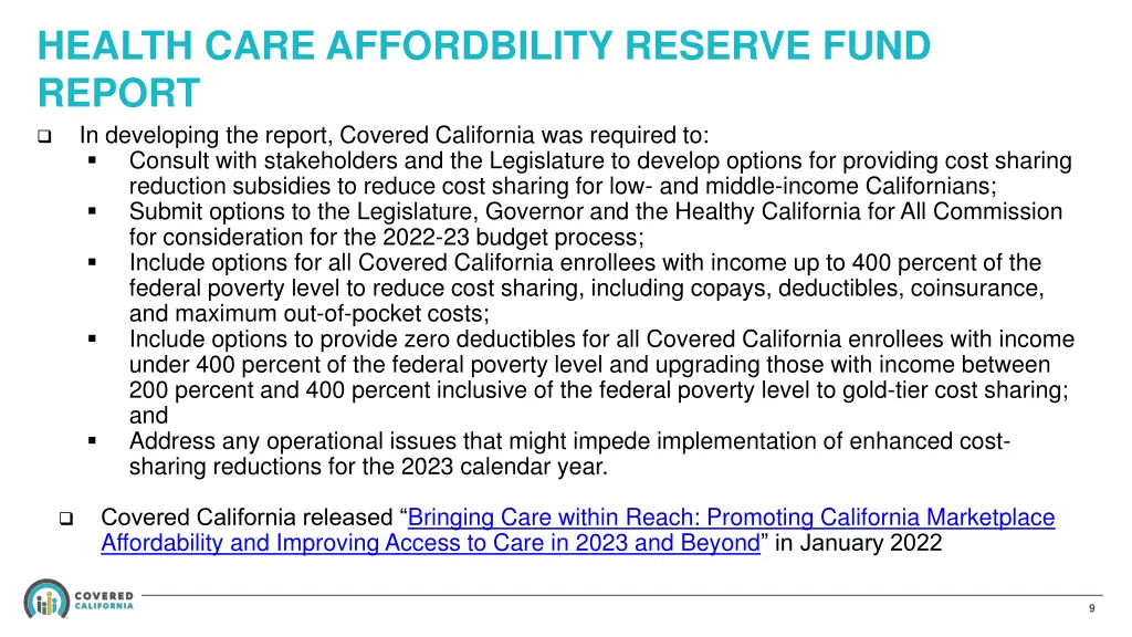health care affordbility reserve fund report