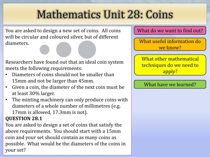 mathematics unit 28 coins