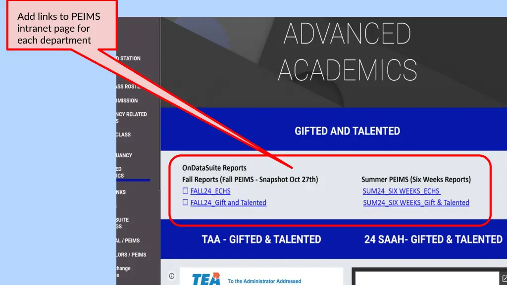 add links to peims intranet page for each