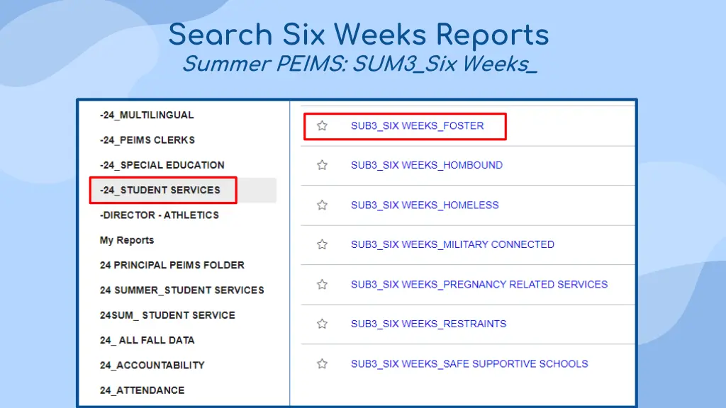 search six weeks reports summer peims sum3