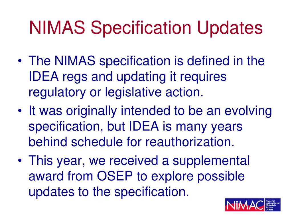 nimas specification updates