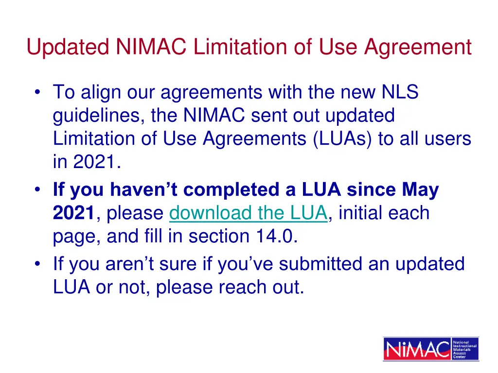 updated nimac limitation of use agreement