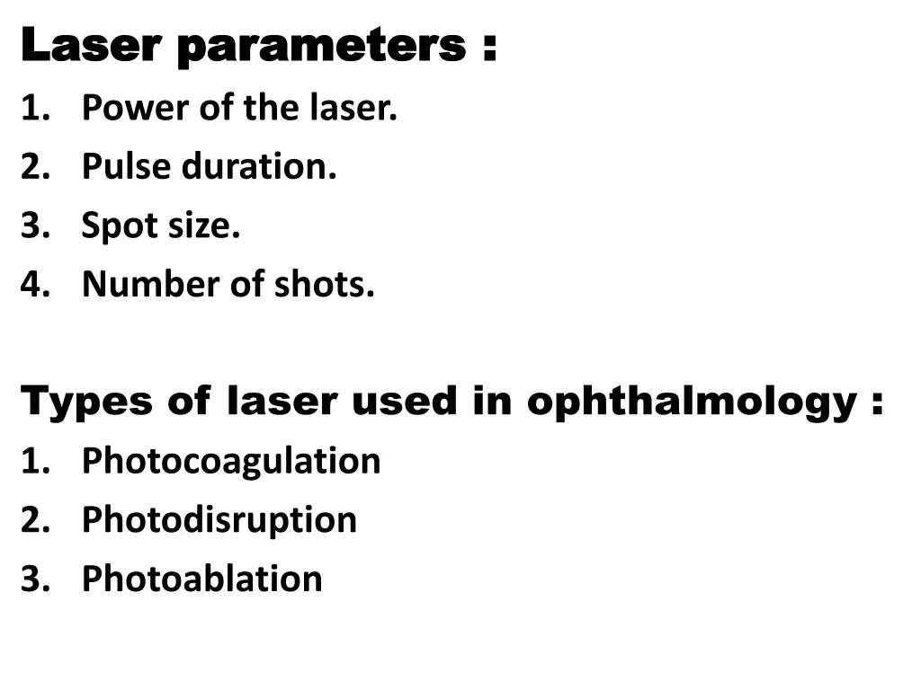laser parameters laser parameters 1 power