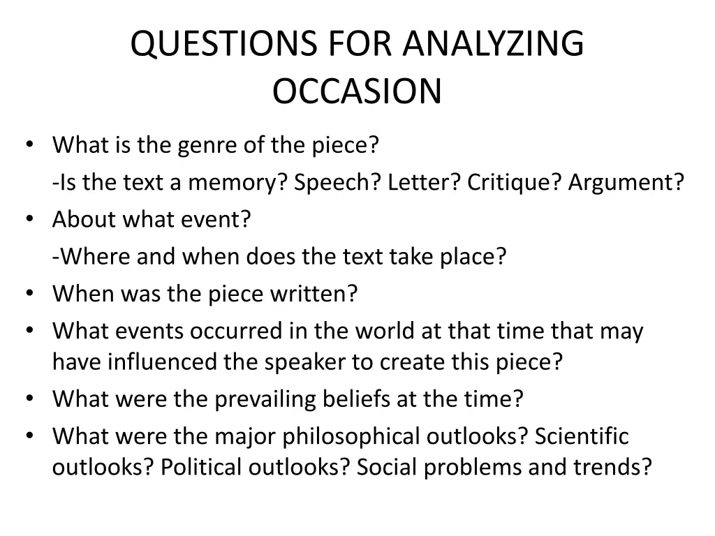 questions for analyzing occasion