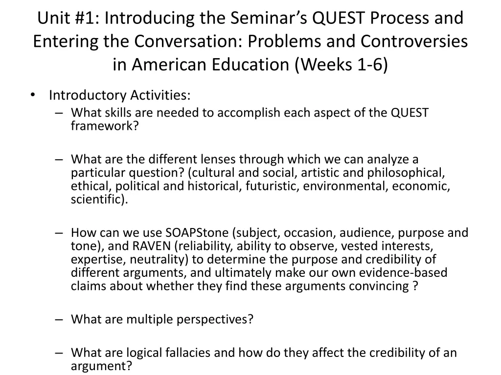 unit 1 introducing the seminar s quest process