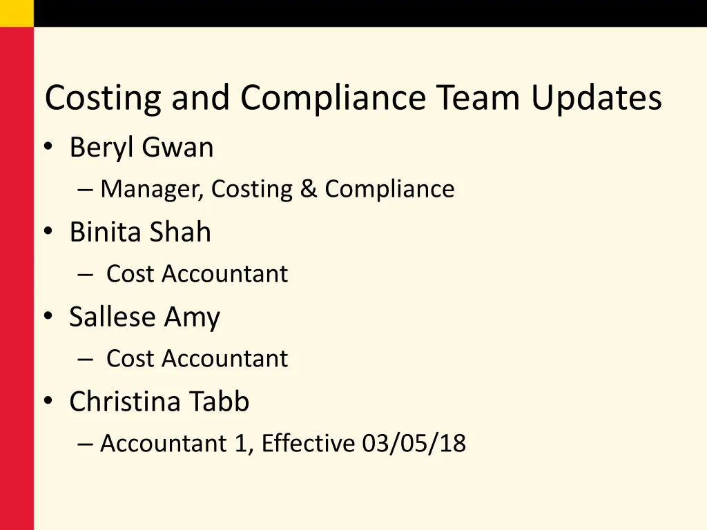 costing and compliance team updates beryl gwan